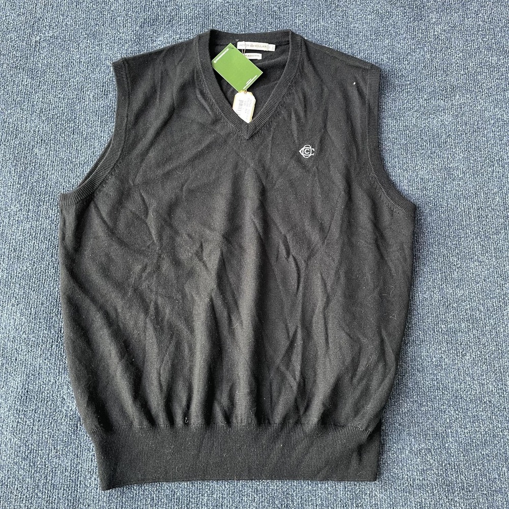 Peter Millar Sweater Vest Mens Large Black 100% Merino Wool V Neck‎ Golf MC00532